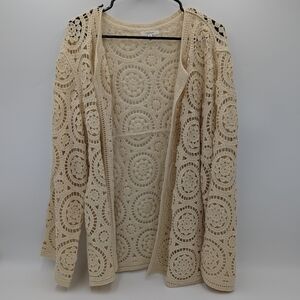 Boho Crochet Open Knit Duster Cardigan XL Ivory Cottagecore Hippie Chic Festival